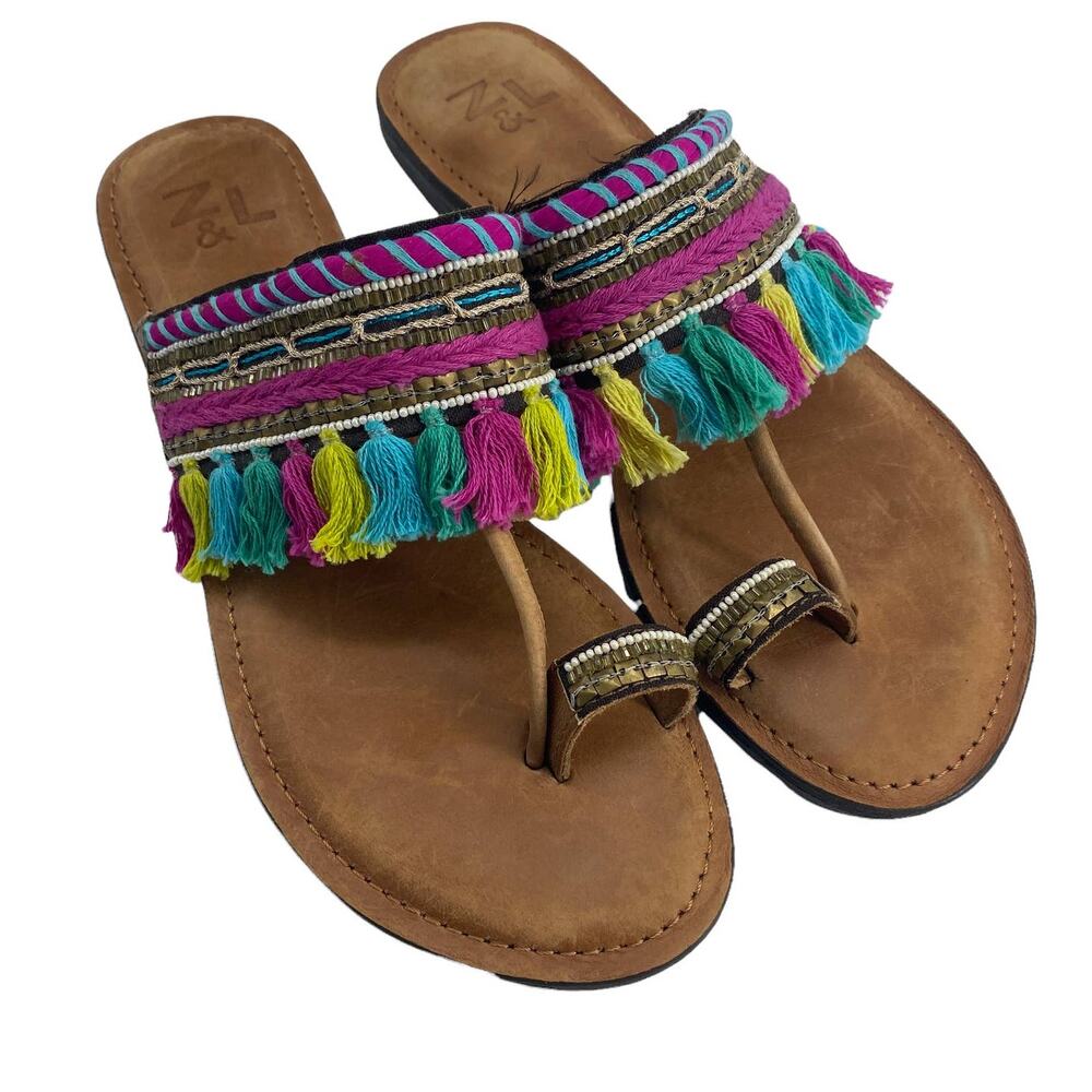 Z&L Sz 39 Boho Sandals Beaded Fringe Tassels Colorful Leather Slide Thongs Z & L